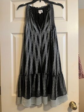 Sleeveless Black & Gray Patterned Midi Dress with Ruffle Hem